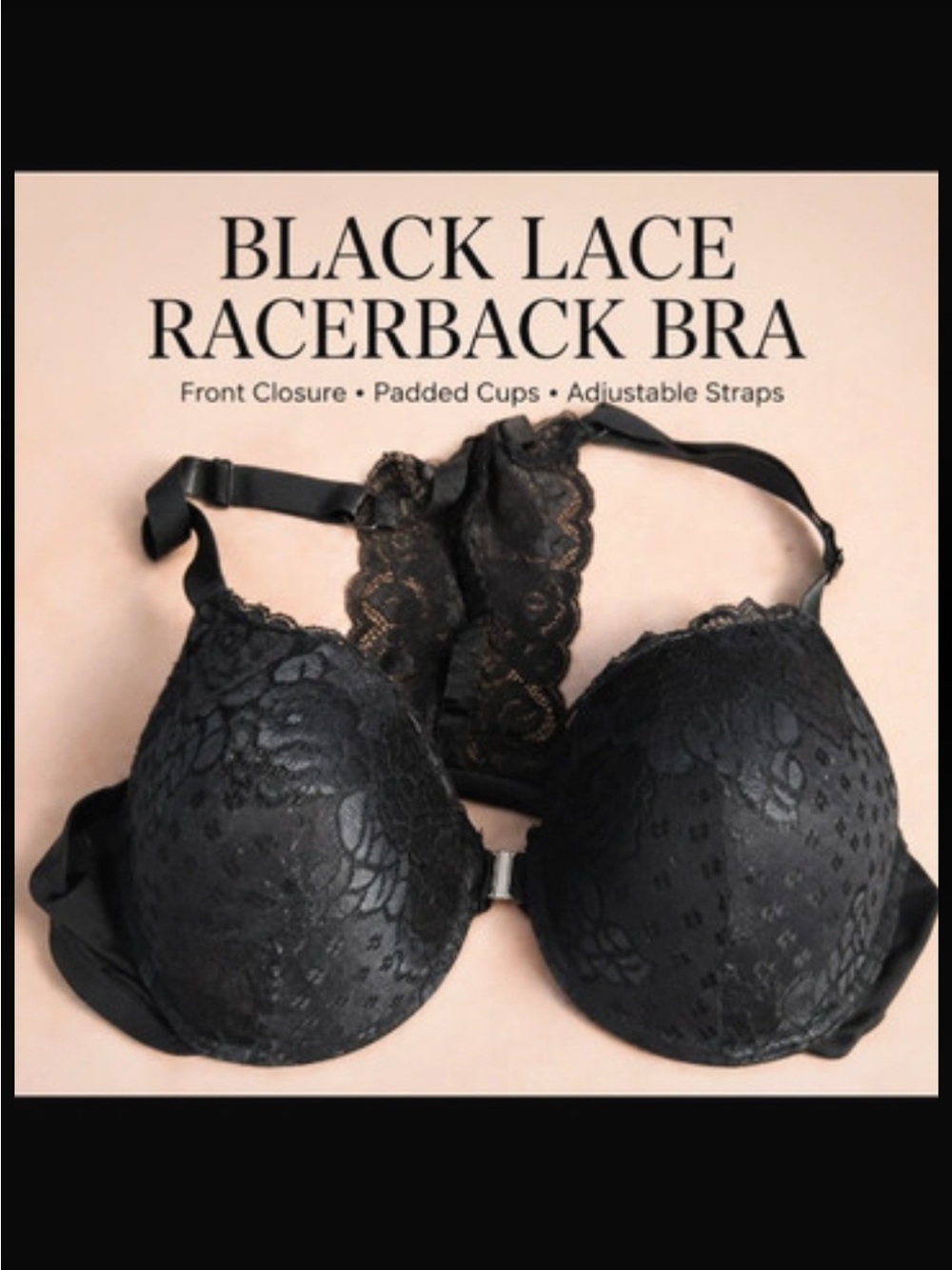Black Lace Racerback Bra with Front Closure - Padded Support
